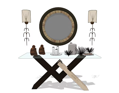 Modern Console Table With Round Wooden Mirror Glass Top Crossed Legs And Decorative Lamps 3d model