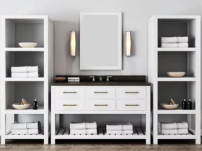 Bathroom Vanity With Mirror And Side Shelves Holding Towels Decorative Items Drawers Dark Countertop 3d model
