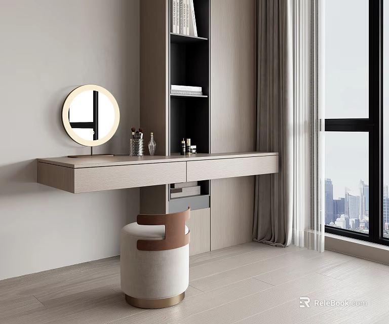 Modern Beige Dressing Table with Round Mirror Shelf and Stool by Window City View 3d model 