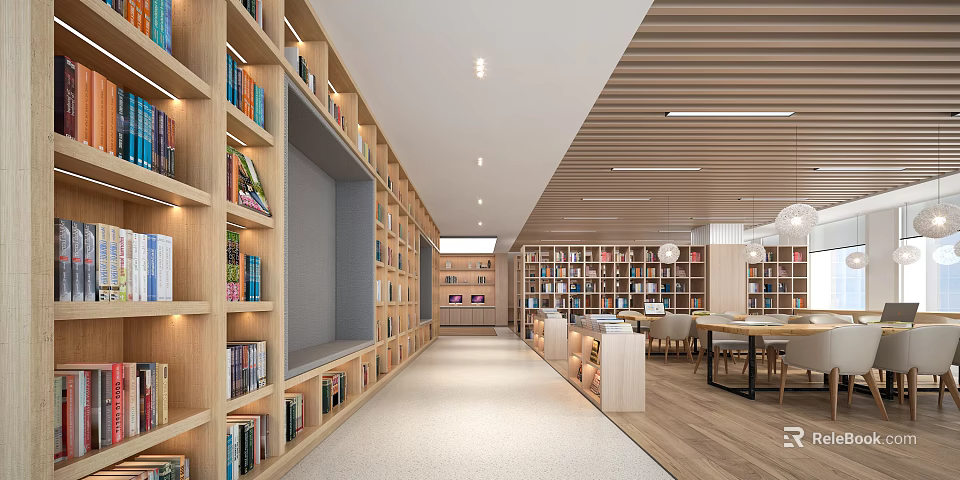 Modern Book Art Library Interior Design With Wooden Bookshelves And Reading Area 3d model 