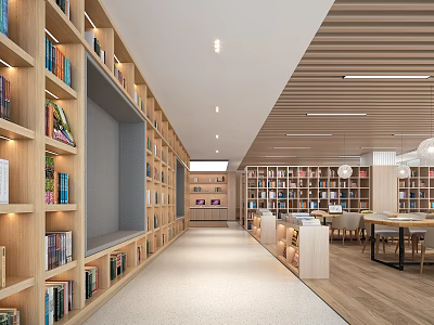 Modern Book Art Library Interior Design With Wooden Bookshelves And Reading Area 3d model