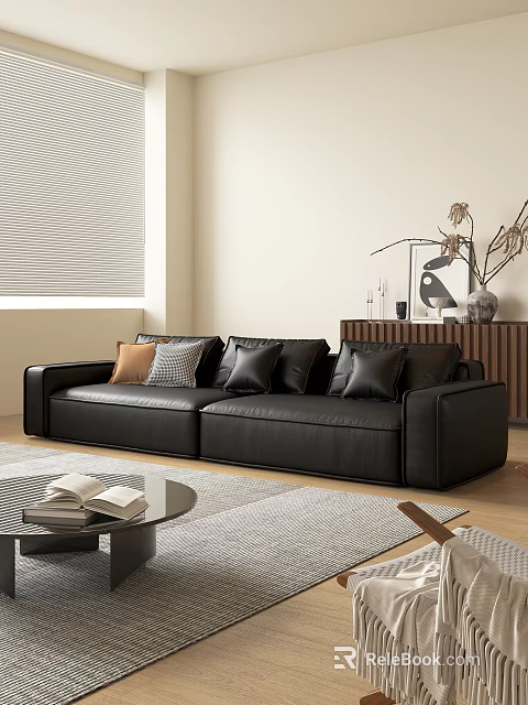 Black Leather Two Seater Sofa With Black Brown Pillows Near Roller Blinds And Wooden Cabinet 3d model 