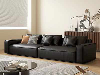 Black Leather Two Seater Sofa With Black Brown Pillows Near Roller Blinds And Wooden Cabinet 3d model