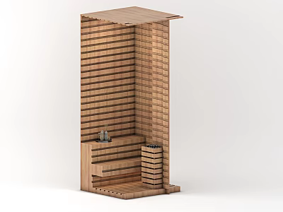Wooden Shower Sauna Interior Design With Natural Wood Benches And Sauna Stones 3d model