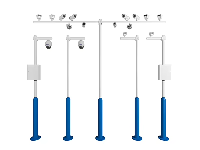 Projection Surveillance System With Multiple Cameras Control Boxes On White Poles Blue Bases 3d model