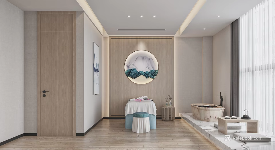 Serene SPA Sauna Room With Wooden Decor Round Landscape Painting Massage Bed And Bathtub 3d model 