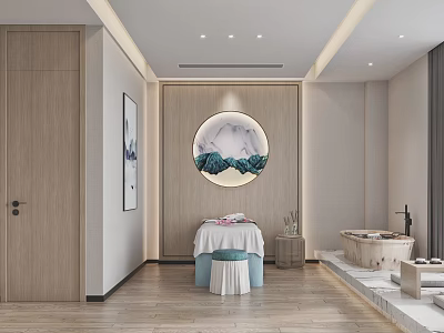 Serene SPA Sauna Room With Wooden Decor Round Landscape Painting Massage Bed And Bathtub 3d model