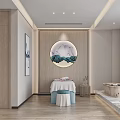 Serene SPA Sauna Room With Wooden Decor Round Landscape Painting Massage Bed And Bathtub