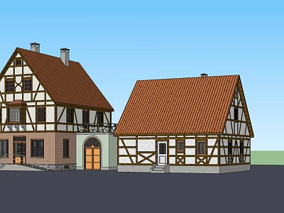 Traditional Detached Villa With Red Brown Roof And Wooden Frame Exterior 3d model
