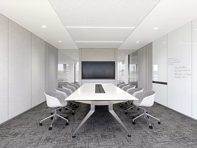 Modern Conference Room Interior Design With Long Table White Chairs Large Screen And Glass Whiteboard 3d model