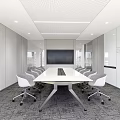 Modern Conference Room Interior Design With Long Table White Chairs Large Screen And Glass Whiteboard
