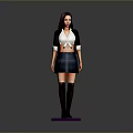 Woman In White Top And Black Jacket With Plaid Skirt On Purple Base Gray Background