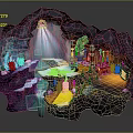 Cartoon Cave Interior with Lighting Colorful Areas Small Structures and Glowing Water