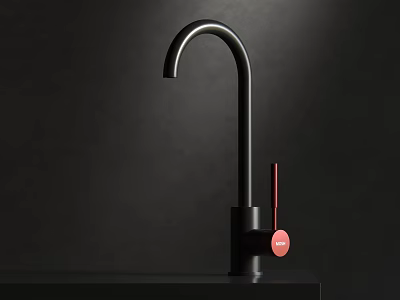 Modern Black Faucet With Red Handle Against Black Background On Countertop 3d model