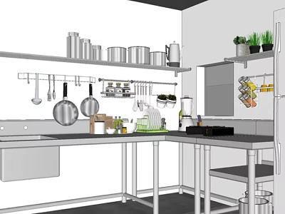 Modern Kitchen With Hanging Utensils Pots Pans And Organized Storage Shelves 3d model