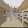 Shopping Mall Store Interior With Wooden Walls Shelves Staircase And Displayed Products