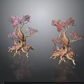 Two Unique Plants with Twisted Trunks Pink Red Flowers Exposed Roots on Black Background Reflections