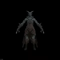 Fantasy Horned Demon Creature With Gray Skin And Red Spiked Armor In Tattered Clothing