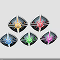 Five Colored Shield Shaped Emblems With Glowing Centers And Metallic Design
