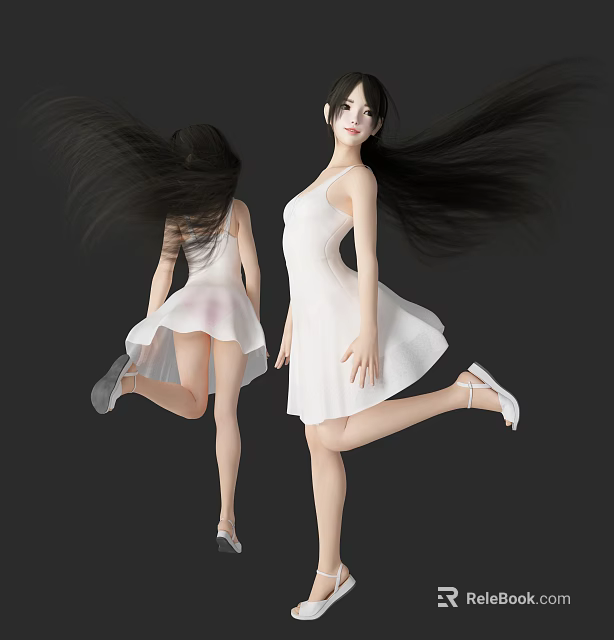Two Women in White Dresses with Flowing Long Hair and Dynamic Poses 3d model 
