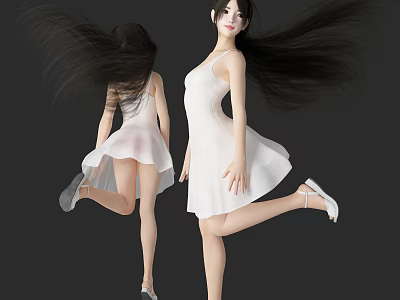 Two Women in White Dresses with Flowing Long Hair and Dynamic Poses 3d model