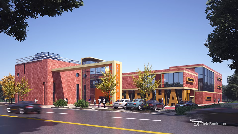 Modern School Building With Red Brick Exterior Large Glass Windows Yellow Accents And Surrounding Trees 3d model 