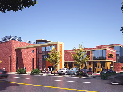 Modern School Building With Red Brick Exterior Large Glass Windows Yellow Accents And Surrounding Trees 3d model