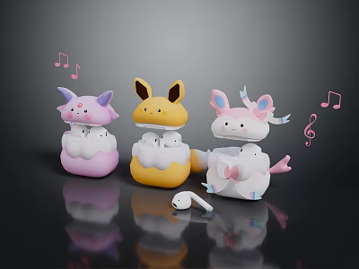 Cute Cartoon Animal Character Headphone Cases With Music Notes And Earbuds 3d model