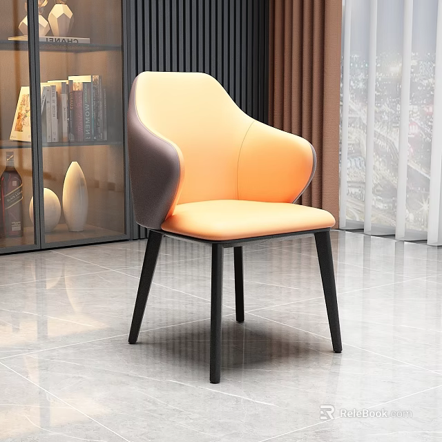 Modern Dining Chair With Orange And Gray Upholstery And Black Wooden Legs 3d model 