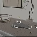 Traditional Chinese Tea Set with Stone Tray Bamboo Chair and Potted Plant in Zen Interior