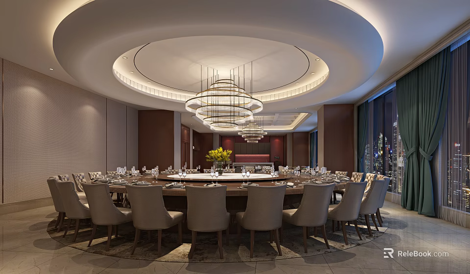 Luxurious Private Dining Box With Round Table Chairs Tableware And Ceiling Lighting 3d model