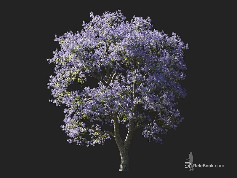 Tall Tree with Purple Blooming Flowers Against Black Background and Small Figure for Scale 3d model 
