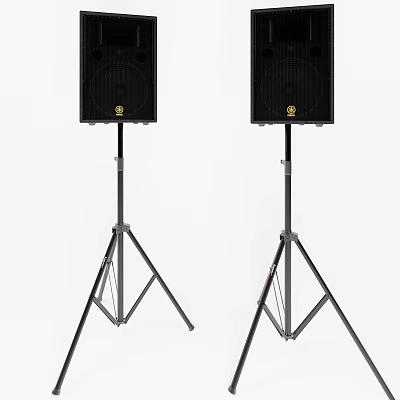 Two Black Speakers Mounted On Tripod Stands For Event Sound Setup 3d model