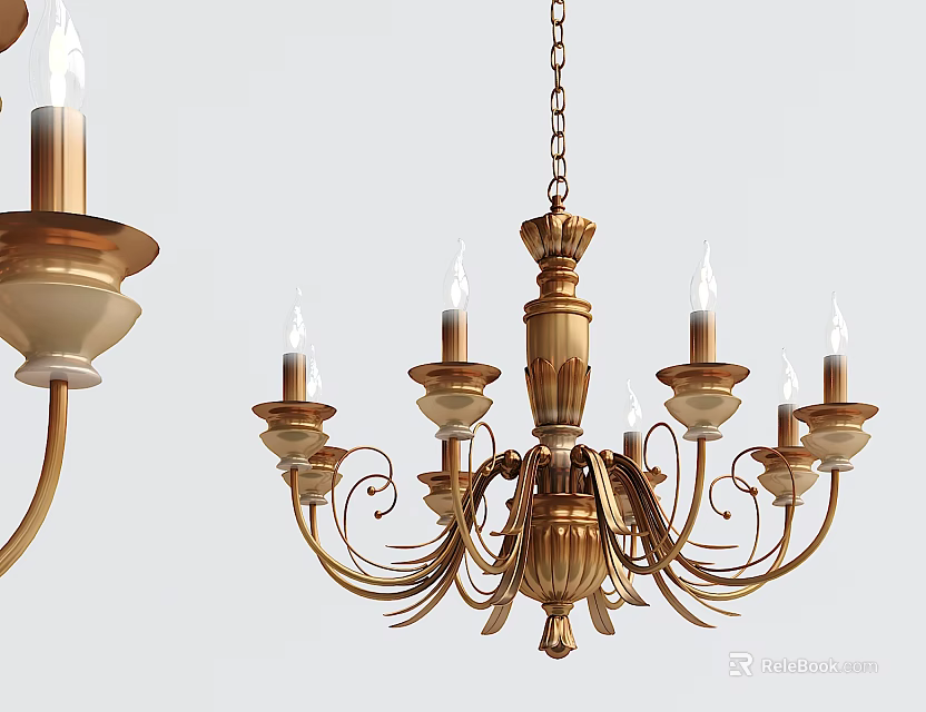 Ornate Golden Chandelier With Hanging Chain Multiple Candle Holders And Arms 3d model 
