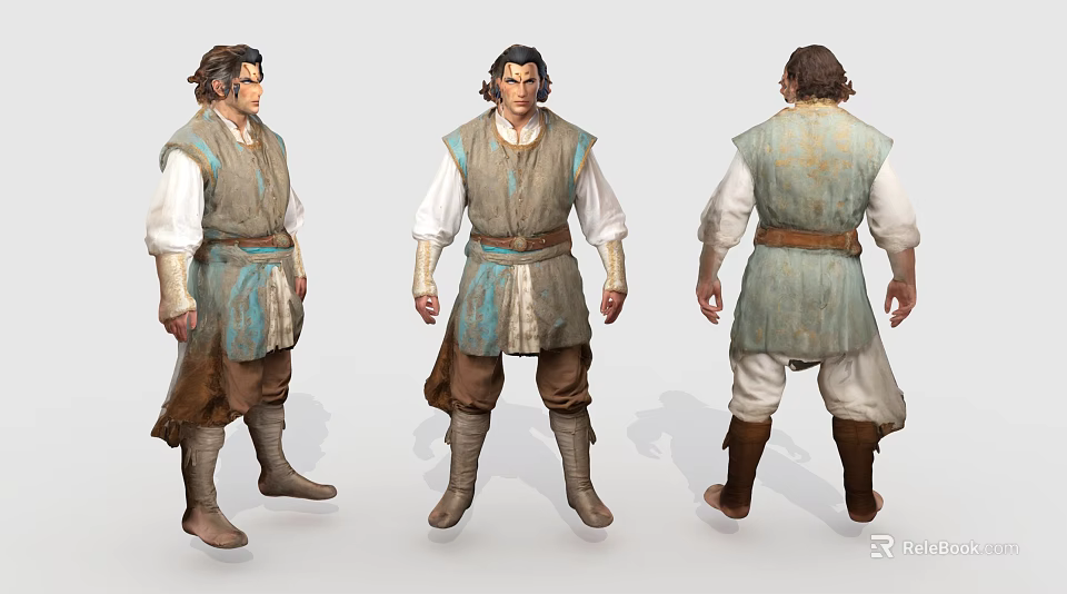 Medieval Man Character Design With Three Views Vest Long Sleeve Shirt Trousers And Boots 3d model 