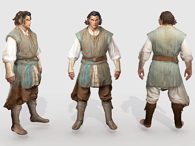 Medieval Man Character Design With Three Views Vest Long Sleeve Shirt Trousers And Boots 3d model