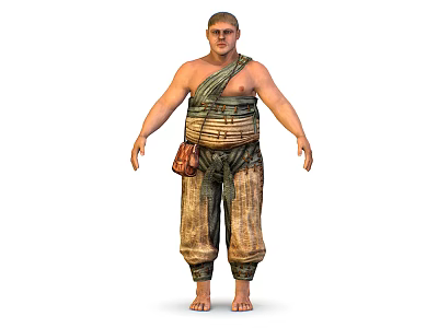 Traditional Man in Wrapped Top with Loose Pants and Brown Pouch Standing Barefoot 3d model