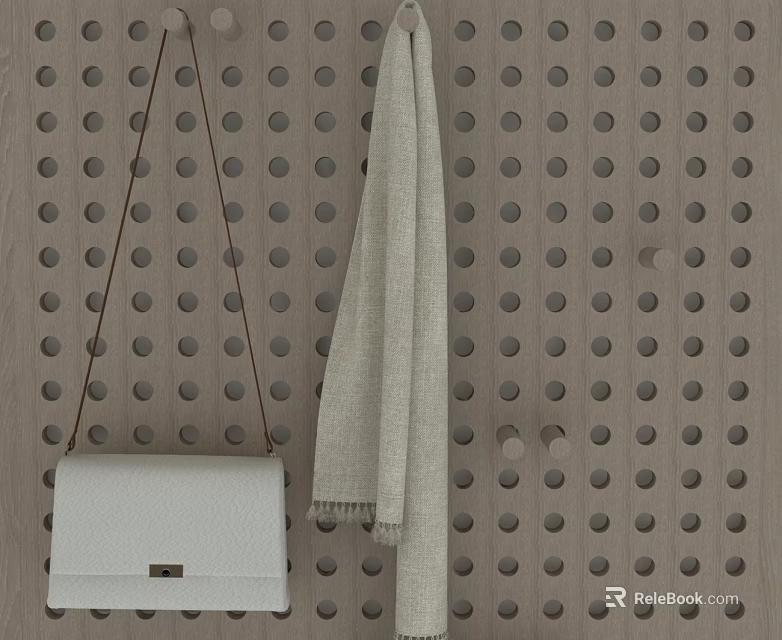 Wooden Hinged Door With Circular Hole Design Decorated By White Handbag And Light Scarf 3d model 