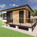 Modern Small House Exterior Design With Wooden White Facade Large Windows And Green Lawn