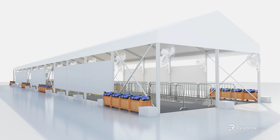White Canopy Structure With Wooden Planter Boxes Purple Flowers And Metal Railings 3d model 