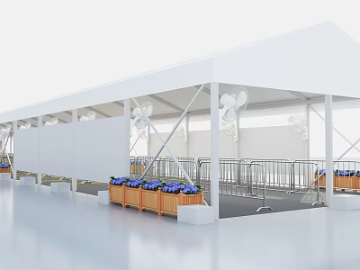 White Canopy Structure With Wooden Planter Boxes Purple Flowers And Metal Railings 3d model