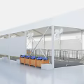 White Canopy Structure With Wooden Planter Boxes Purple Flowers And Metal Railings