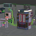 Industrial Blue White Equipment Setup With Control Panel Screen Pipes Green Lighting In Room
