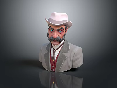 3D Male Character Bust With White Hat Mustache Gray Coat And Red Vest 3d model