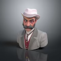 3D Male Character Bust With White Hat Mustache Gray Coat And Red Vest