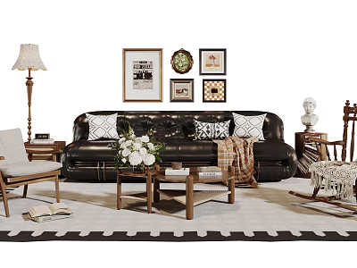 Stylish Black Leather Sofa and Wooden Coffee Table Set with Throw Pillows Wall Art on Patterned Rug and Rocking Chair 3d model