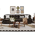 Stylish Black Leather Sofa and Wooden Coffee Table Set with Throw Pillows Wall Art on Patterned Rug and Rocking Chair