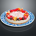 Creamy Fruit Cake Topped With Strawberries Blackberries And Orange Slices On Blue White Patterned Plate