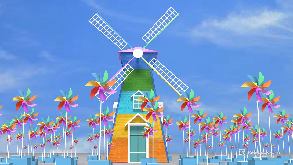 Colorful Windmill Building With Small Windmills And Blue Sky Photo Spot 3d model 