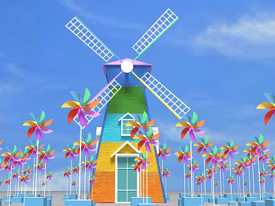 Colorful Windmill Building With Small Windmills And Blue Sky Photo Spot 3d model
